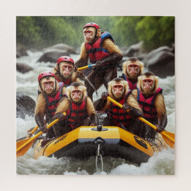 Adventurous Capuchin Monkeys Whitewater Rafting Jigsaw Puzzle (Vertical)