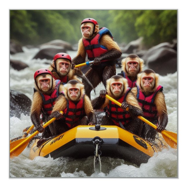 Adventurous Capuchin Monkeys Whitewater Rafting Poster (Front)