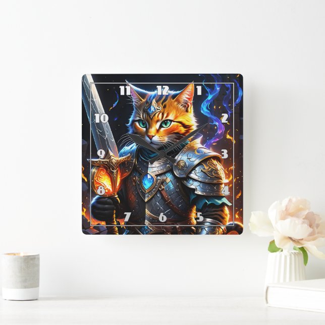 Adventurous Cat Knight Holding a Sword Square Wall Clock (Home)