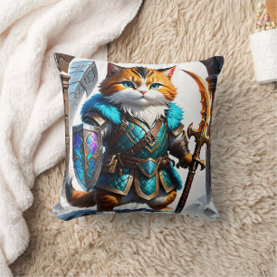 Adventurous Cat Warrior in Magical Armour Cushion