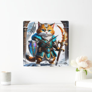 Adventurous Cat Warrior in Magical Armour Square Wall Clock