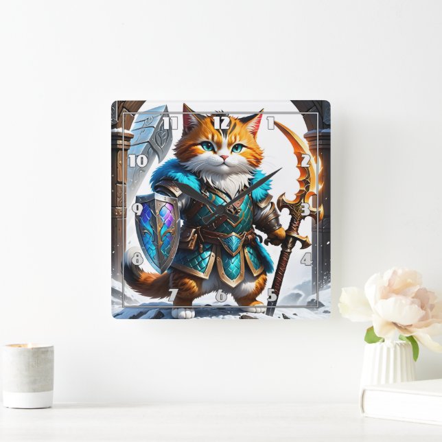 Adventurous Cat Warrior in Magical Armour Square Wall Clock (Home)