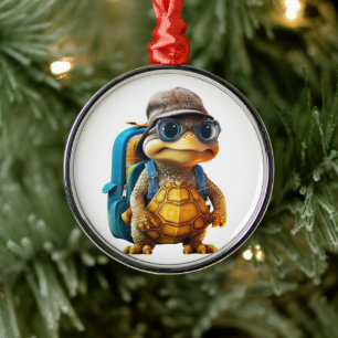 Adventurous Cute Kittle Turtle with backpack, Metal Ornament