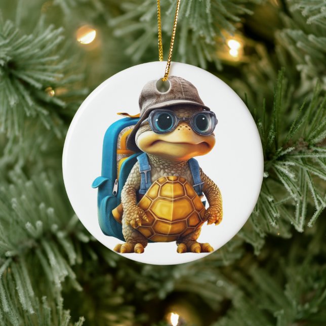 Adventurous Cute Little Turtle with Backpack, Ceramic Ornament (Tree)