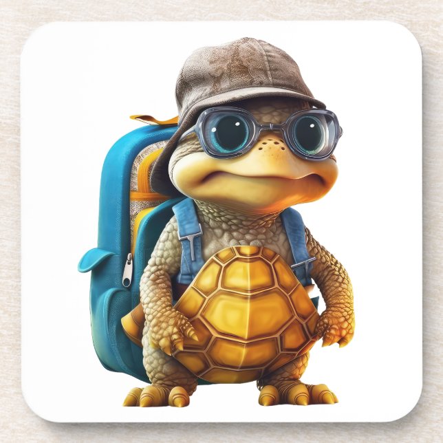 Adventurous Cute Little Turtle with Backpack, Coaster (Front)