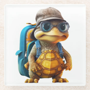 Adventurous Cute Little Turtle with Backpack, Glass Coaster