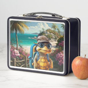 Adventurous Cute Little Turtle with Backpack, Metal Lunch Box
