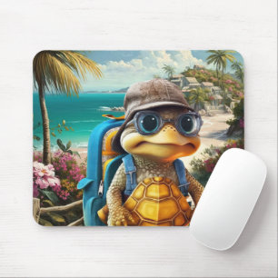 Adventurous Cute Little Turtle with Backpack, Mouse Pad
