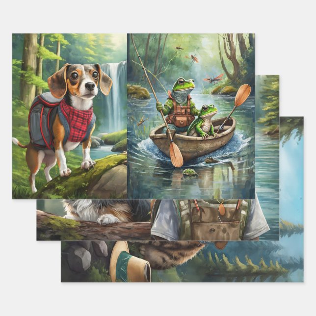 Adventurous Furry Friends, Camping Outdoorsmen Wrapping Paper Sheet (Set)
