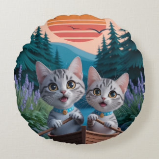 “Adventurous Kittens at Sunset – Cute Cat  Round Cushion