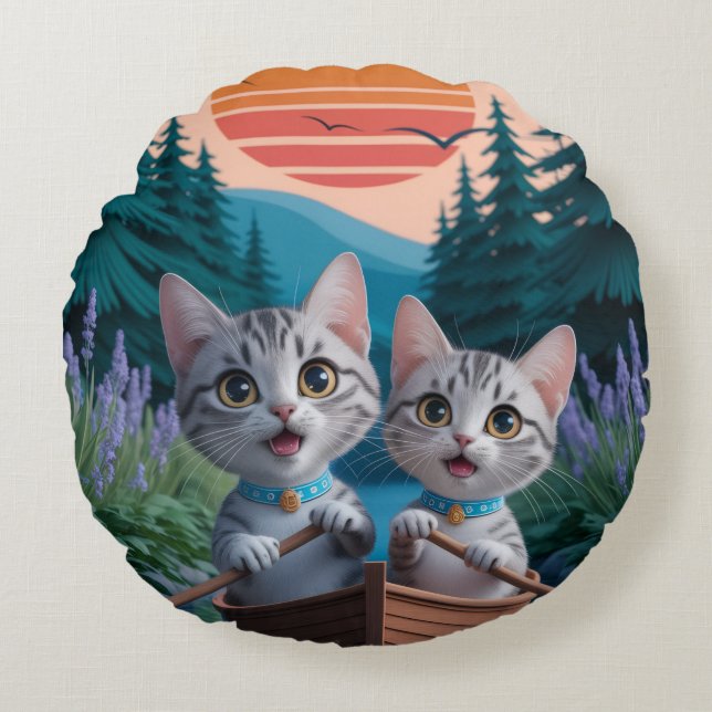 “Adventurous Kittens at Sunset – Cute Cat  Round Cushion (Front)