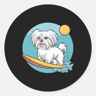 Adventurous Maltese Dog Surfing Funny Surfers Classic Round Sticker