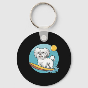 Adventurous Maltese Dog Surfing Funny Surfers Key Ring