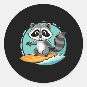 Adventurous Raccoon Surfing On Epic Waves Funny Su Classic Round Sticker
