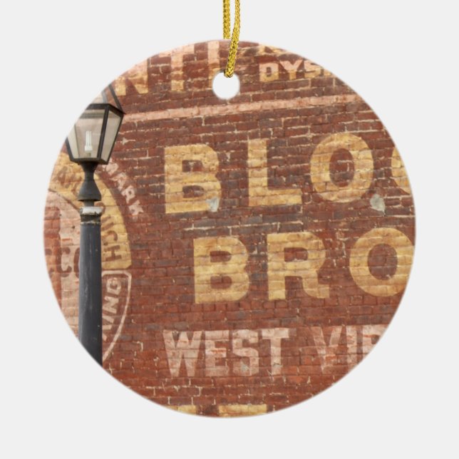 Advertisements on side of building ceramic tree decoration (Front)