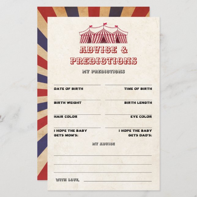 Advice and Predictions Circus Baby Shower Game (Front/Back)