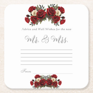 Advice and Well Wishes Mr. & Mrs. Red Roses Square Paper Coaster