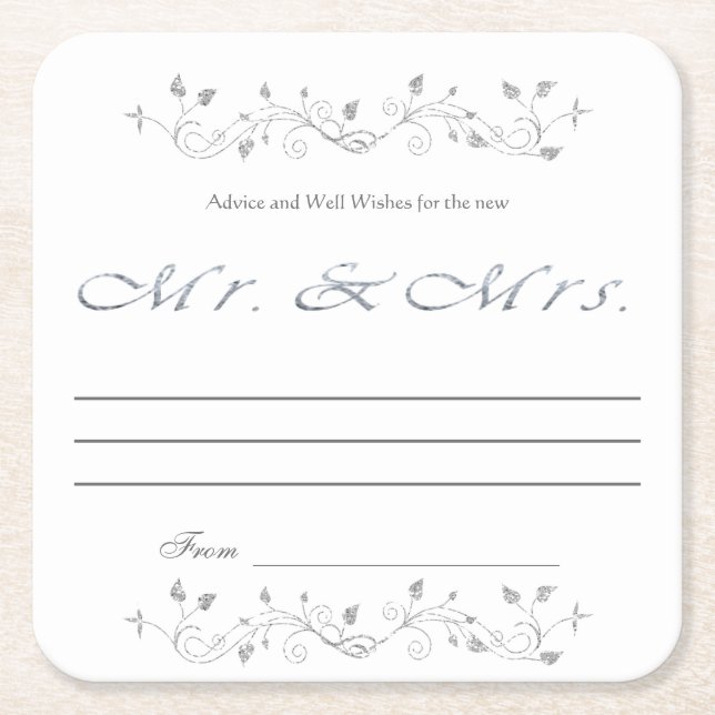 Advice and Well Wishes, Silver Glitter, Mr. & Mrs. Square Paper Coaster (Front)