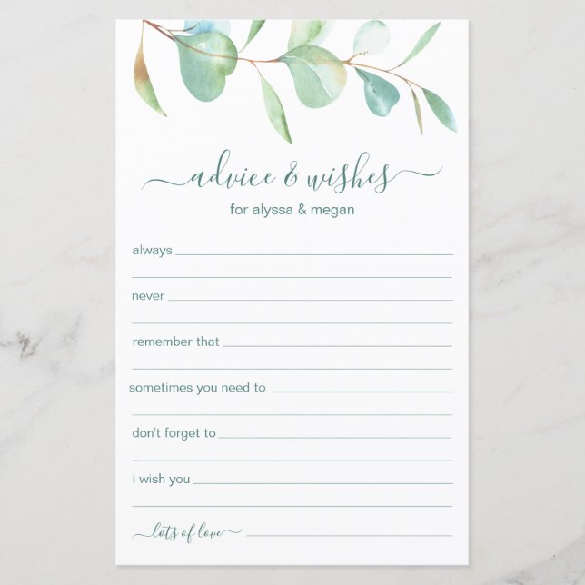 Advice and Wishes Eucalyptus LGBTQ Wedding (Front)