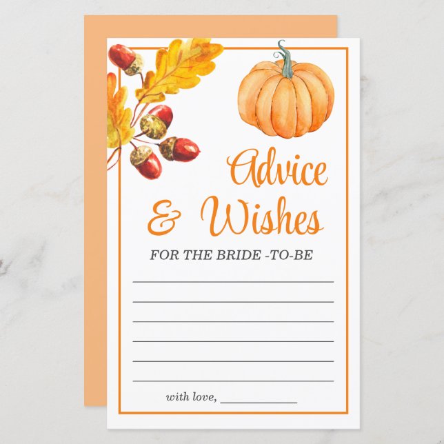 Advice and Wishes Fall Pumpkin Bridal Shower Game (Front/Back)