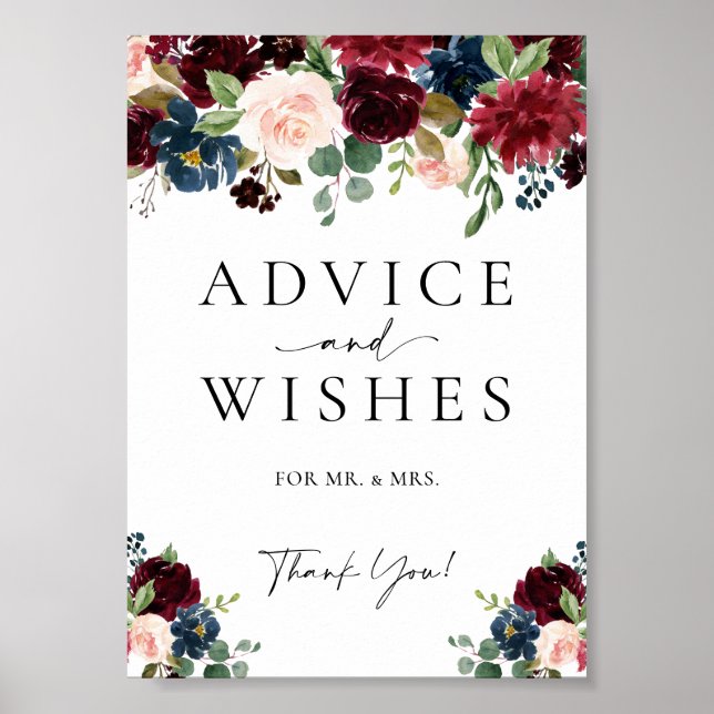 Advice And Wishes Floral Burgundy Wedding Sign  (Front)