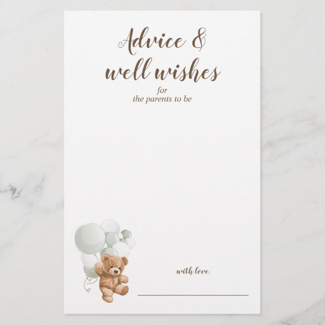 Advice and Wishes Sage Teddy Bear Baby Shower  Flyer (Front)