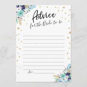 Advice Card Blue Floral Gold Travel Bridal Shower