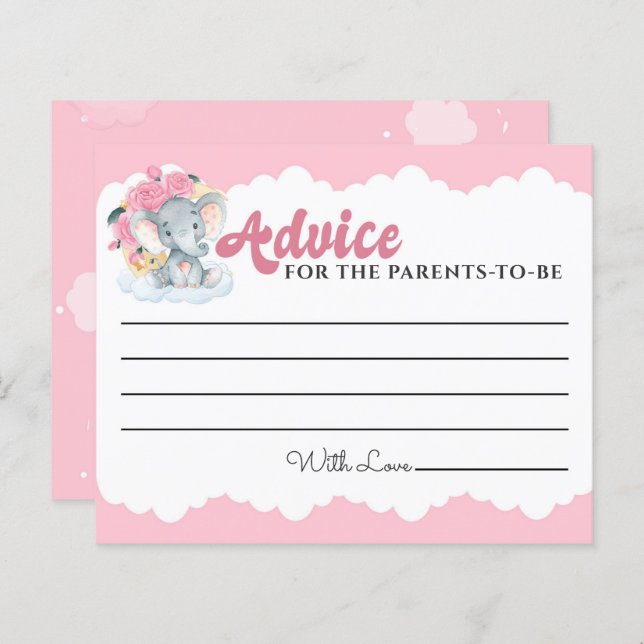 Advice Cards Pink Floral Elephant Girl Baby Shower (Front/Back)