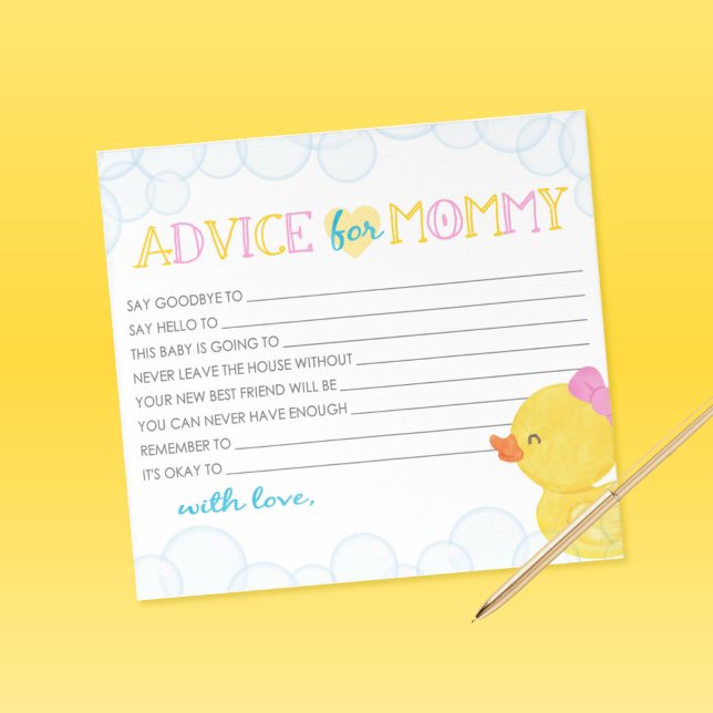 Advice for Mum Girl Rubber Duck Baby Shower Advice Notepad (Girl Watercolor Rubber Duck Advice for Mommy Fill in the Blank Note Sheets)