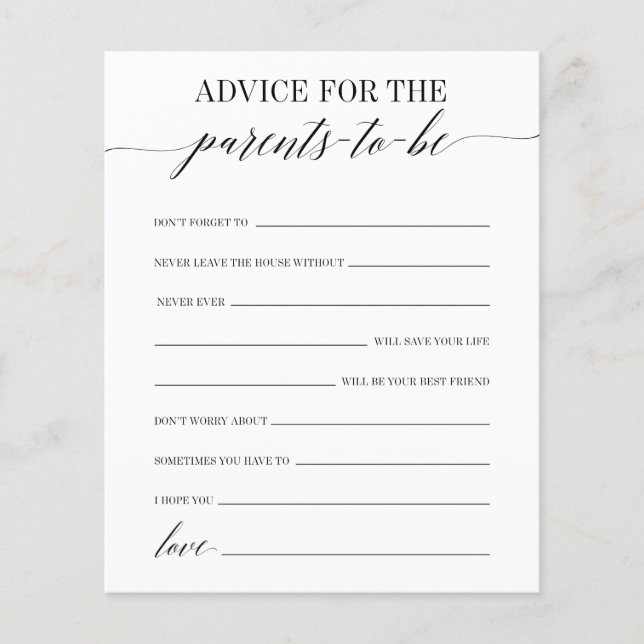 Advice For The Parents-To-Be Baby Shower Game (Front)