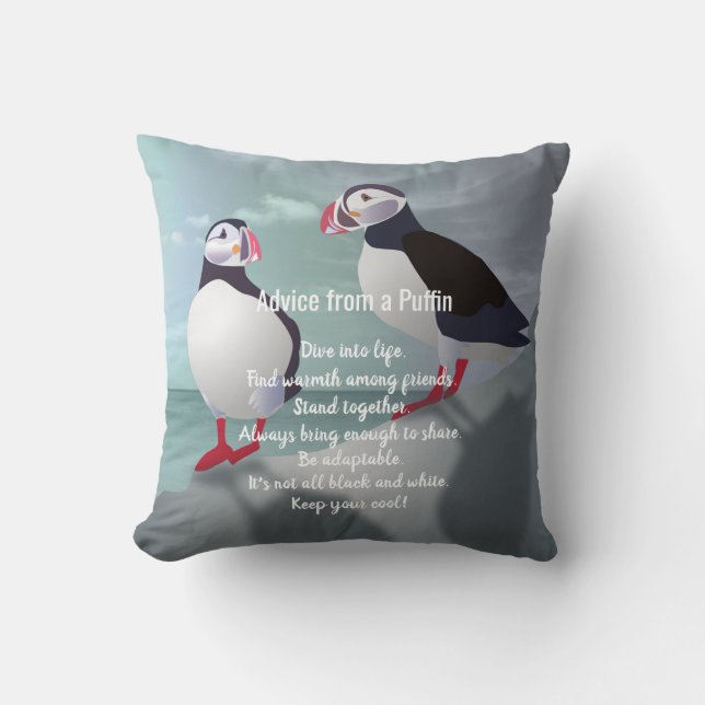 Advice from a Puffin Design Throw Pillow (Front)