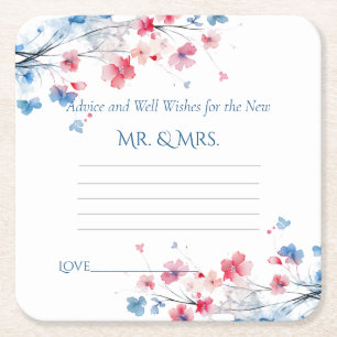 Advice & Well Wishes Pink Blue Watercolor Flowers Square Paper Coaster