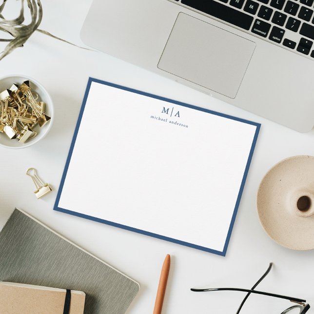 Aegean Blue Classic Border Monogram Correspondence Card (Creator Uploaded)