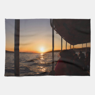 Aegean lifestyle on boat at sunset in summer tea towel