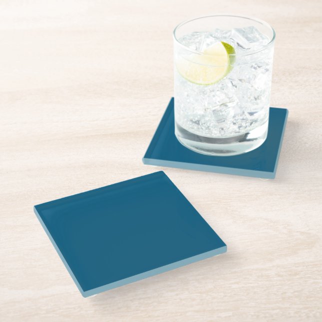 Aegean Sea Blue Solid Colour Print Glass Coaster (Angled)