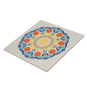 Aegean Summer Oranges And Lemons Dot Mandala Ceramic Tile
