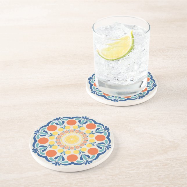 Aegean Summer Oranges And Lemons Dot Mandala Coaster (Side)