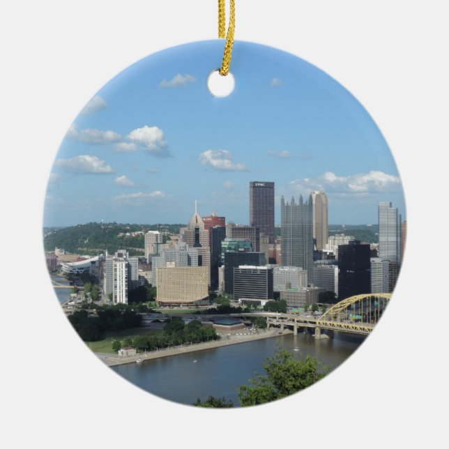 Aerial Downtown Pittsburgh Skyline Ceramic Tree Decoration (Front)