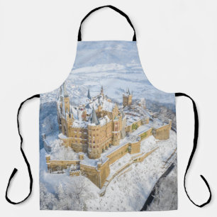Aerial Hohenzollern Castle: snowy Germany. Apron