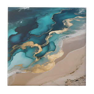 Aerial Ocean Resin Waves Turquoise Gold Coastal Ceramic Tile