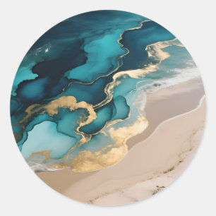 Aerial Ocean Resin Waves Turquoise Gold Coastal Classic Round Sticker