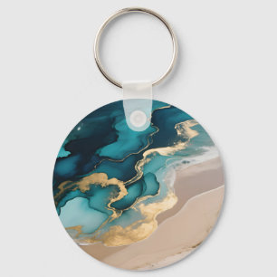 Aerial Ocean Resin Waves Turquoise Gold Coastal Key Ring