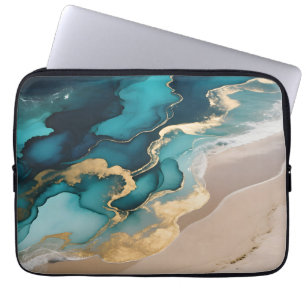 Aerial Ocean Resin Waves Turquoise Gold Coastal Laptop Sleeve