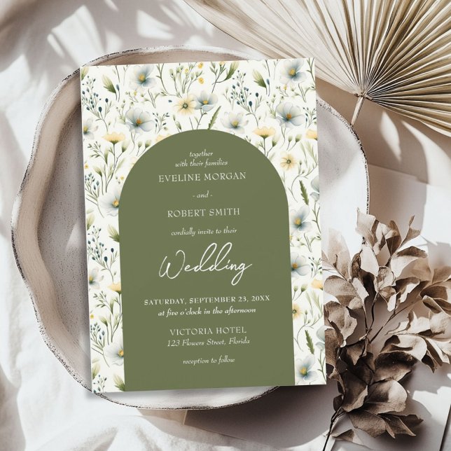 Aerial olive green and white wild flowers arched invitation (Aerial olive green and white wild flowers arched invitation)
