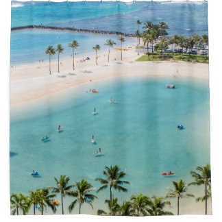 Aerial photo people in beach at daytime shower curtain