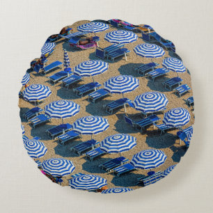 Aerial photography of blue-and-white patio umbrell round cushion