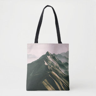 AERIAL PHOTOGRAPHY OF GREY AND BROWN MOUNTAIN TOTE BAG