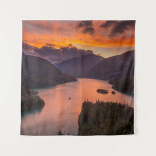 AERIAL PHOTOGRAPHY OF LAKE VIEWING MOUNTAIN UNDER TAPESTRY