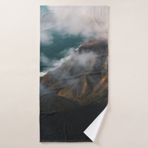 AERIAL PHOTOGRAPHY OF MOUNTAIN COVERED WITH FOG BATH TOWEL