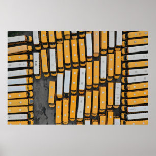 Aerial photography of white and yellow buses poster